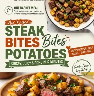 Air fryer steak bites with crispy potatoes served on a plate