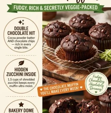 Bakery style double chocolate zucchini muffins topped with chocolate chips
