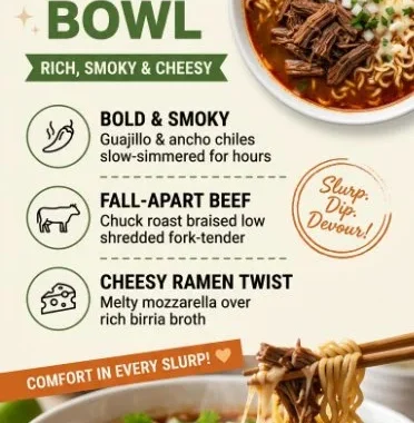 A delicious birria ramen bowl with tender meat and spices.