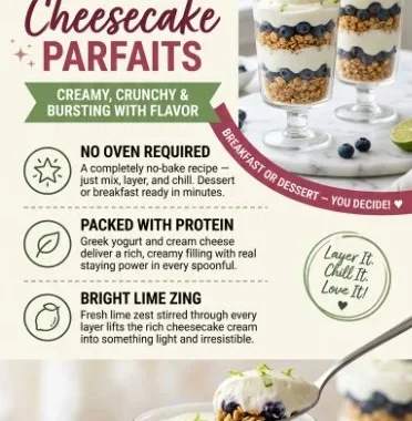 Blueberry-lime cheesecake granola parfaits in clear glass cups