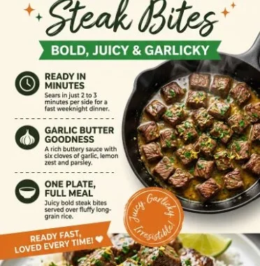 Brazilian Garlic Butter Steak Bites served with rice on a plate