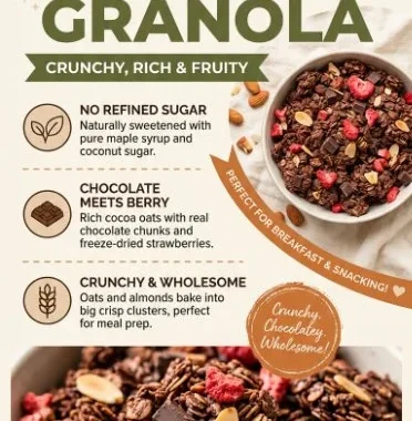 Bowl of Chocolate Strawberry Granola with fresh strawberries and chocolate pieces