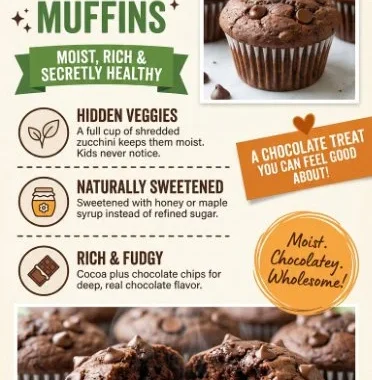 Deliciously moist Chocolate Zucchini Muffins fresh out of the oven.