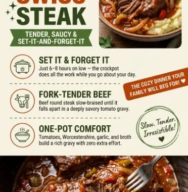 Delicious crockpot Swiss steak served with vegetables and gravy