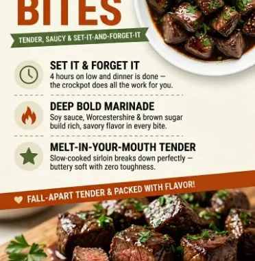 Juicy crockpot steak bites simmering in a savory sauce.