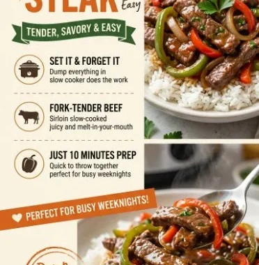 Easy slow cooker pepper steak recipe with tender beef and bell peppers