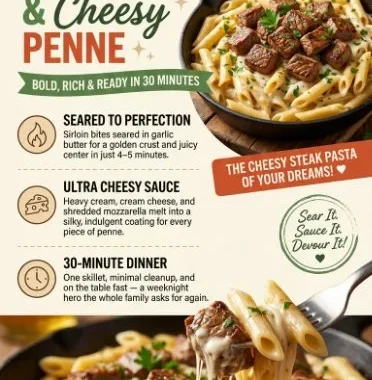 Garlic Butter Steak Bites served with Cheesy Mozzarella Penne