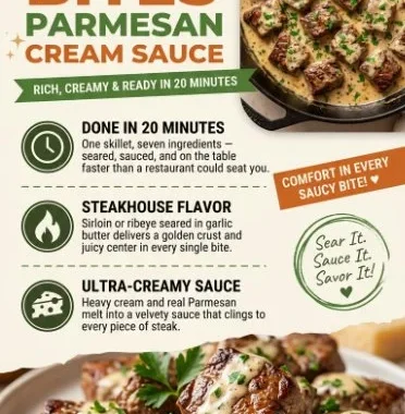 Delicious garlic butter steak bites served with parmesan cream sauce