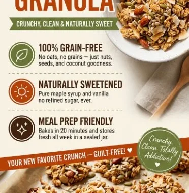 Bowl of healthy grain-free granola topped with fruits and nuts
