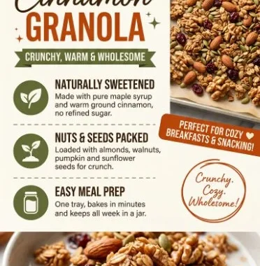 Bowl of homemade maple cinnamon granola with nuts and dried fruits