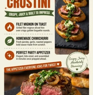 Irresistibly delicious steak crostini appetizer topped with herbs and cheese