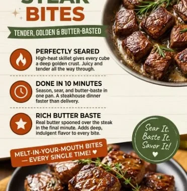 Delicious juicy buttery steak bites served garnished