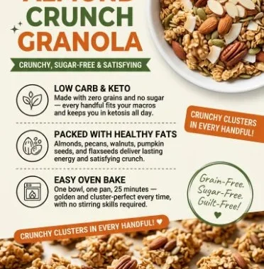 Keto Coconut Almond Crunch Granola in a bowl with fresh almonds and coconut flakes