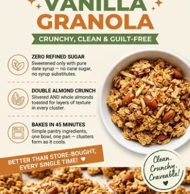 Bowl of No Sugar Added Vanilla Almond Granola topped with fruits and nuts