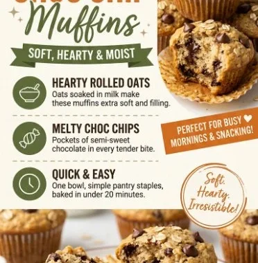 Freshly baked Oatmeal Chocolate Chip Muffins on a cooling rack