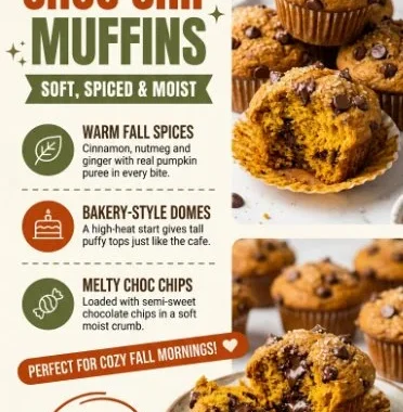 Freshly baked Pumpkin Chocolate Chip Muffins on a rustic table