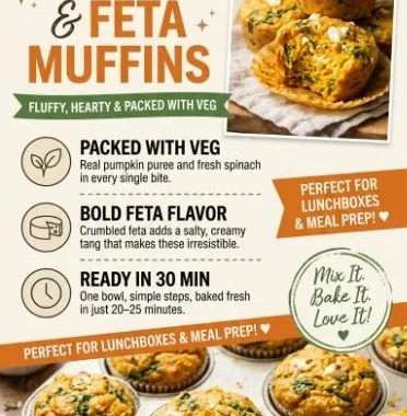 Savoury pumpkin, spinach, and feta muffins on a rustic wooden table.