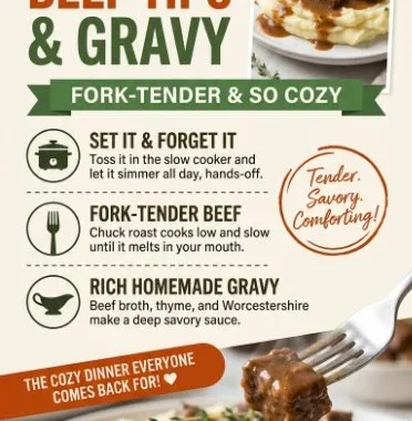 Slow-cooker homestyle beef tips with rich gravy served in a bowl