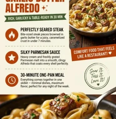 Plate of steak bites with shell pasta in garlic butter Alfredo sauce