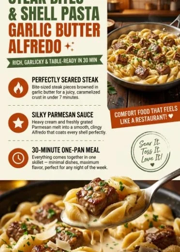 Plate of steak bites with shell pasta in garlic butter Alfredo sauce