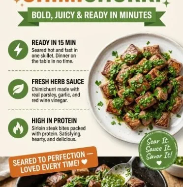 Delicious steak bites served with vibrant chimichurri sauce