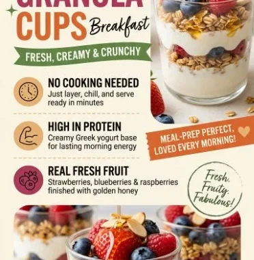 Yogurt granola breakfast cups with fruit and honey served in a colorful dish