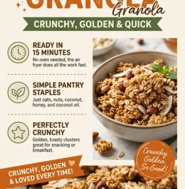 Homemade air fryer granola in a bowl with nuts and fruits