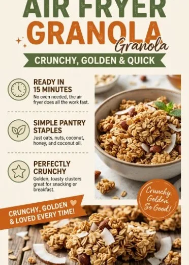 Homemade air fryer granola in a bowl with nuts and fruits