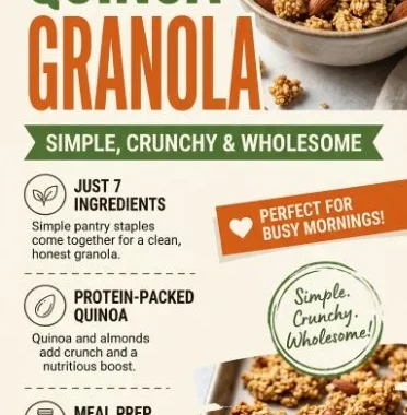 Bowl of crunchy 7-ingredient quinoa granola topped with fruits and nuts