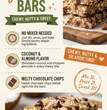 Homemade Almond Joy Granola Bars with chocolate, coconut, and almonds