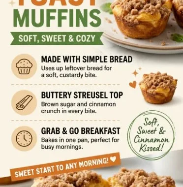 Baked French toast muffins topped with syrup and berries on a plate