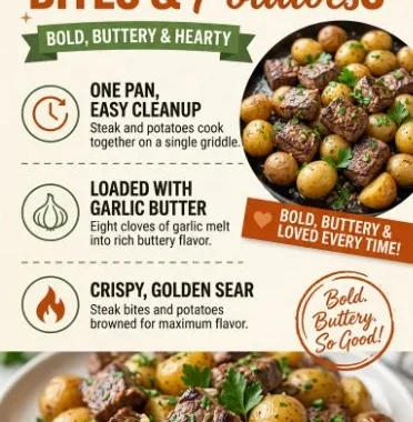 Delicious Blackstone garlic steak bites served with golden potatoes