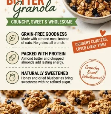 Blueberry almond butter granola in a bowl with fresh blueberries and almonds