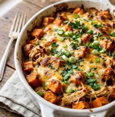 Buffalo Chicken Sweet Potato Casserole 1 Buffalo chicken sweet potato casserole topped with cheese and green onions.