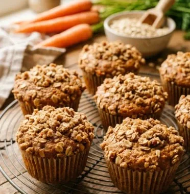 Carrot Oat Muffins 1 Freshly baked carrot oat muffins on a wooden table