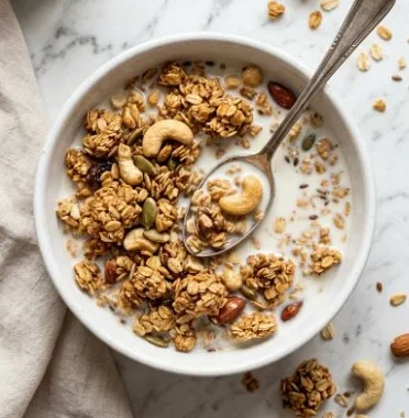 Bowl of cashew butter granola topped with fruits and nuts