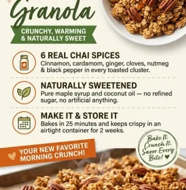 Bowl of chai spiced pecan granola topped with yogurt and fruit
