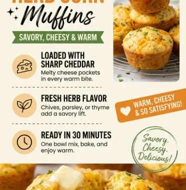 Cheddar Herb Corn Muffins fresh out of the oven, golden brown and fluffy.