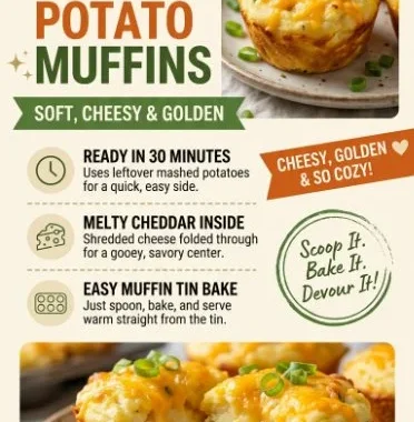 Delicious cheesy mashed potato muffins with golden tops and a fluffy texture.
