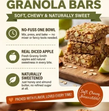 Chewy apple cinnamon granola bars stacked on a wooden table