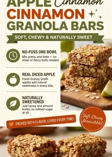 Chewy apple cinnamon granola bars stacked on a wooden table