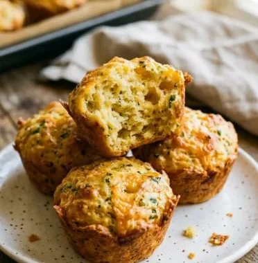 Delicious homemade chicken muffins baked and served on a wooden platter