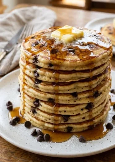 Delicious stack of chocolate chip pancakes topped with syrup and berries