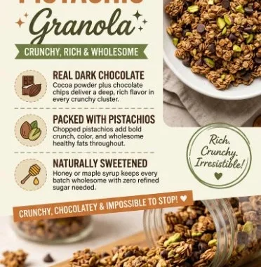 Healthy Chocolate Pistachio Granola with nuts and chocolate pieces