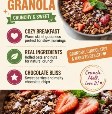 A delicious skillet chocolate strawberry granola topped with fresh strawberries.