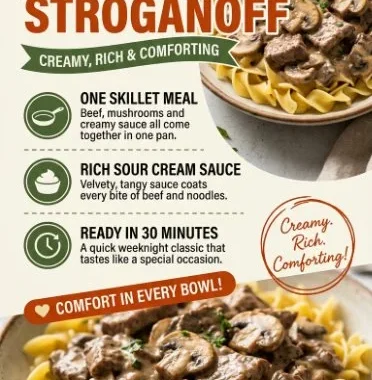 Delicious classic beef stroganoff served with noodles and garnished with parsley