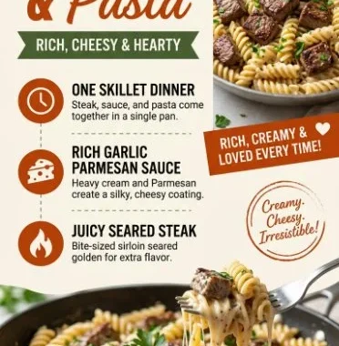 Creamy garlic butter steak bites served with pasta