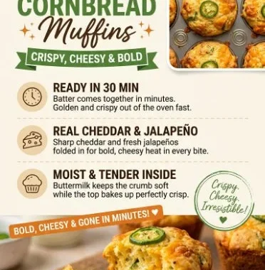 Crispy jalapeño cheddar cornbread muffins fresh out of the oven