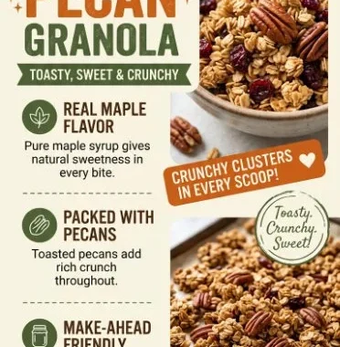 Bowl of crunchy maple pecan granola with nuts and maple syrup