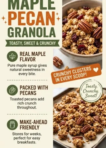Bowl of crunchy maple pecan granola with nuts and maple syrup
